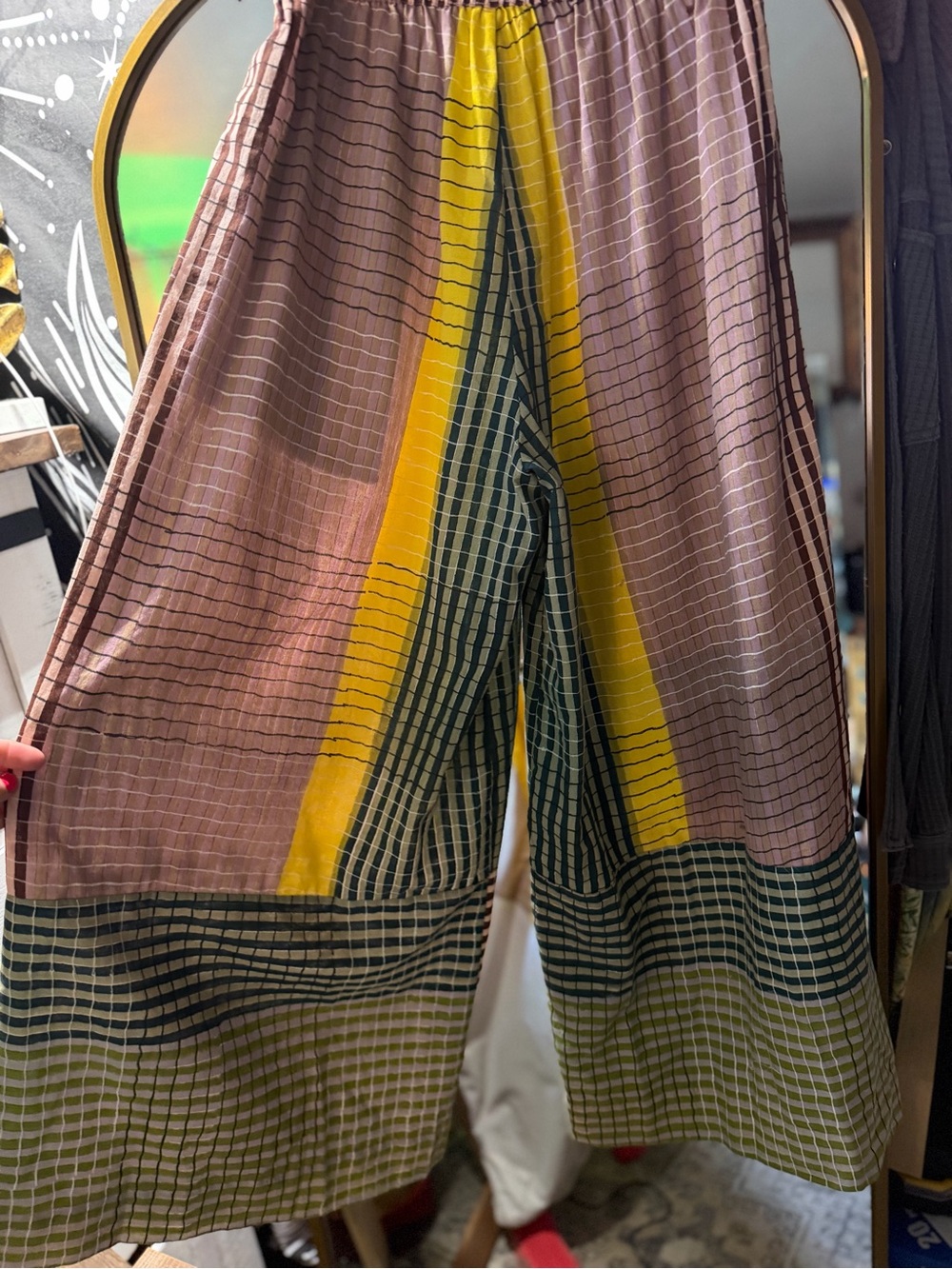 RUJUTA SHETH wide-Leg Plaid Patchwork Pants in yellow , pink, & burgundy - Picture 3 of 5